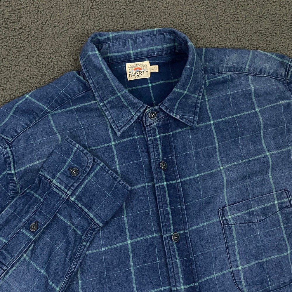 Faherty Shirt Mens XL Indigo Blue Window Pane Button Up Cotton